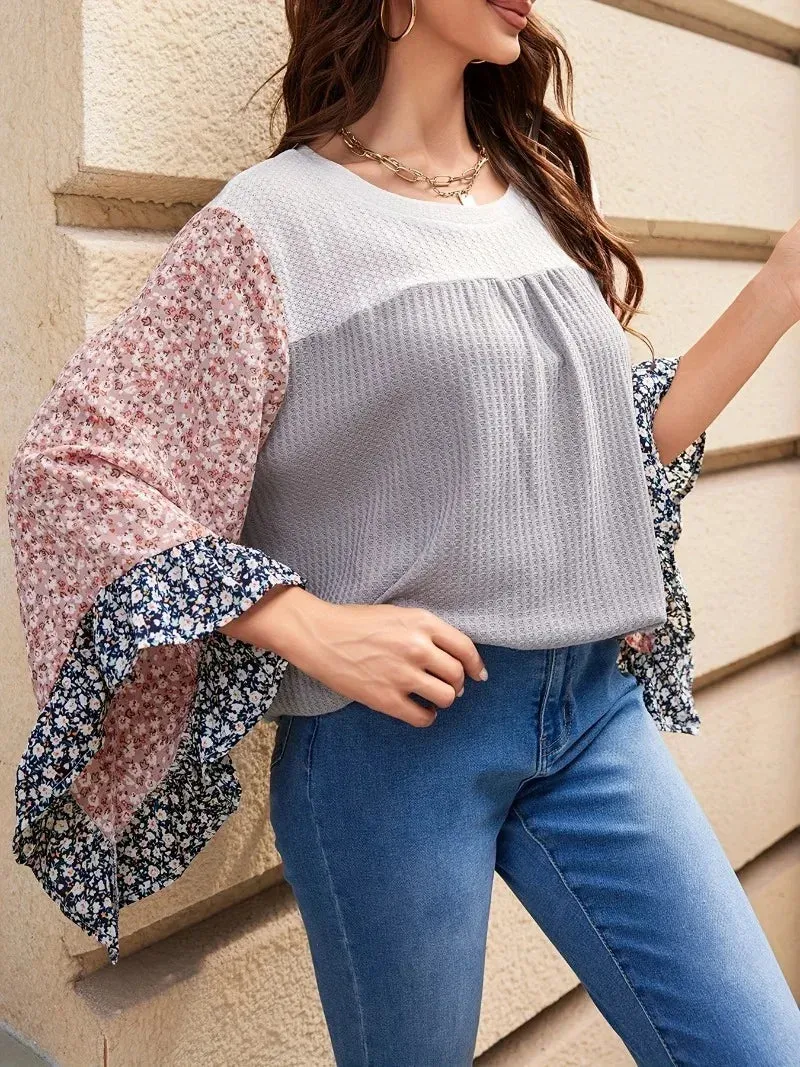 Chic Bell Sleeve Waffle Blouse in Plus Sizes