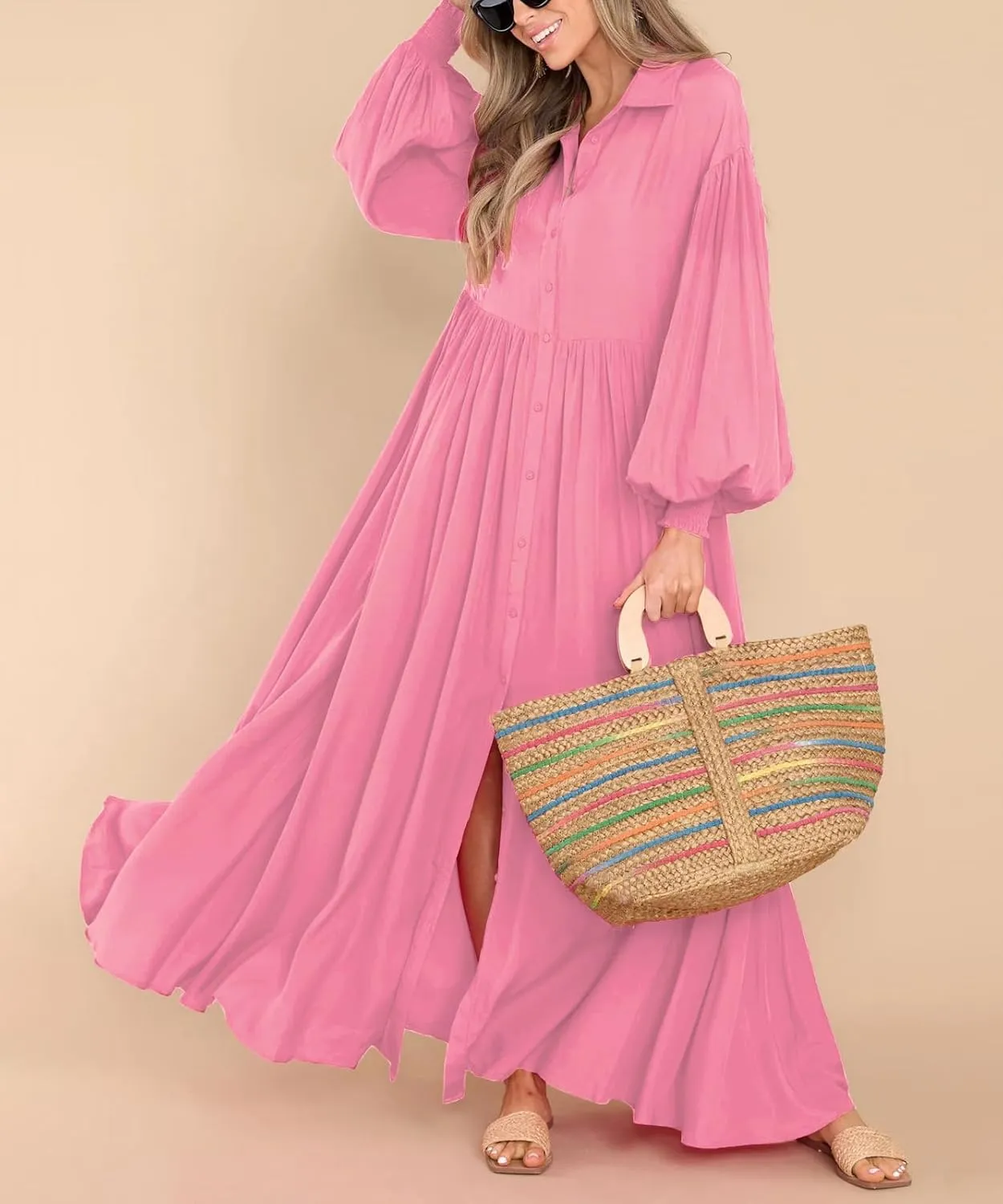 chouyatou Women's Casual Long Sleeve Button Down Shirt Dress Elegant Pleated Flowy Swing Maxi Dress