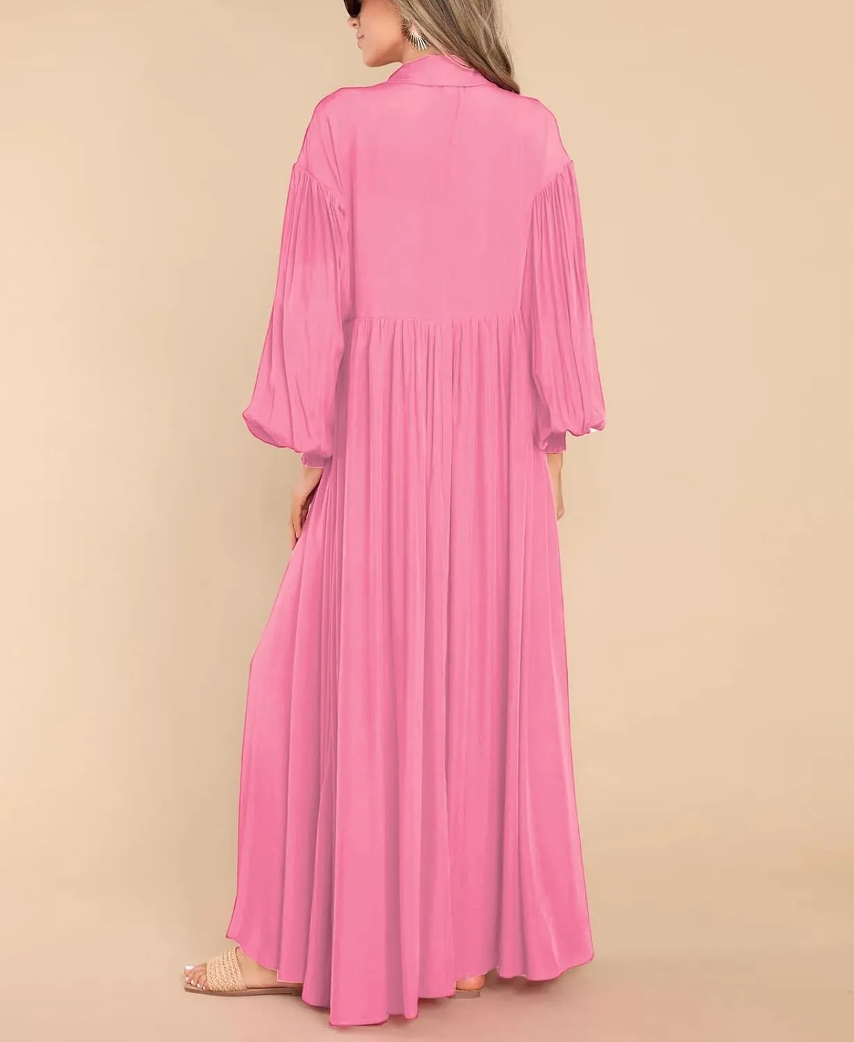 chouyatou Women's Casual Long Sleeve Button Down Shirt Dress Elegant Pleated Flowy Swing Maxi Dress