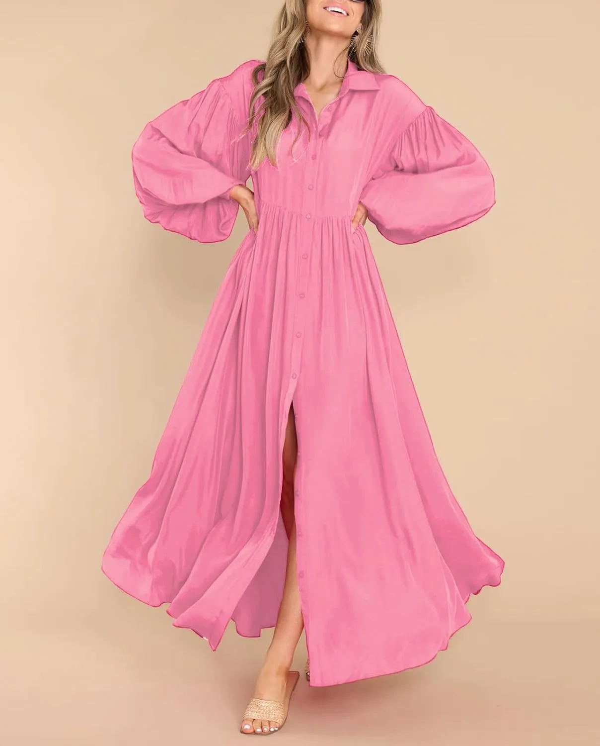 chouyatou Women's Casual Long Sleeve Button Down Shirt Dress Elegant Pleated Flowy Swing Maxi Dress