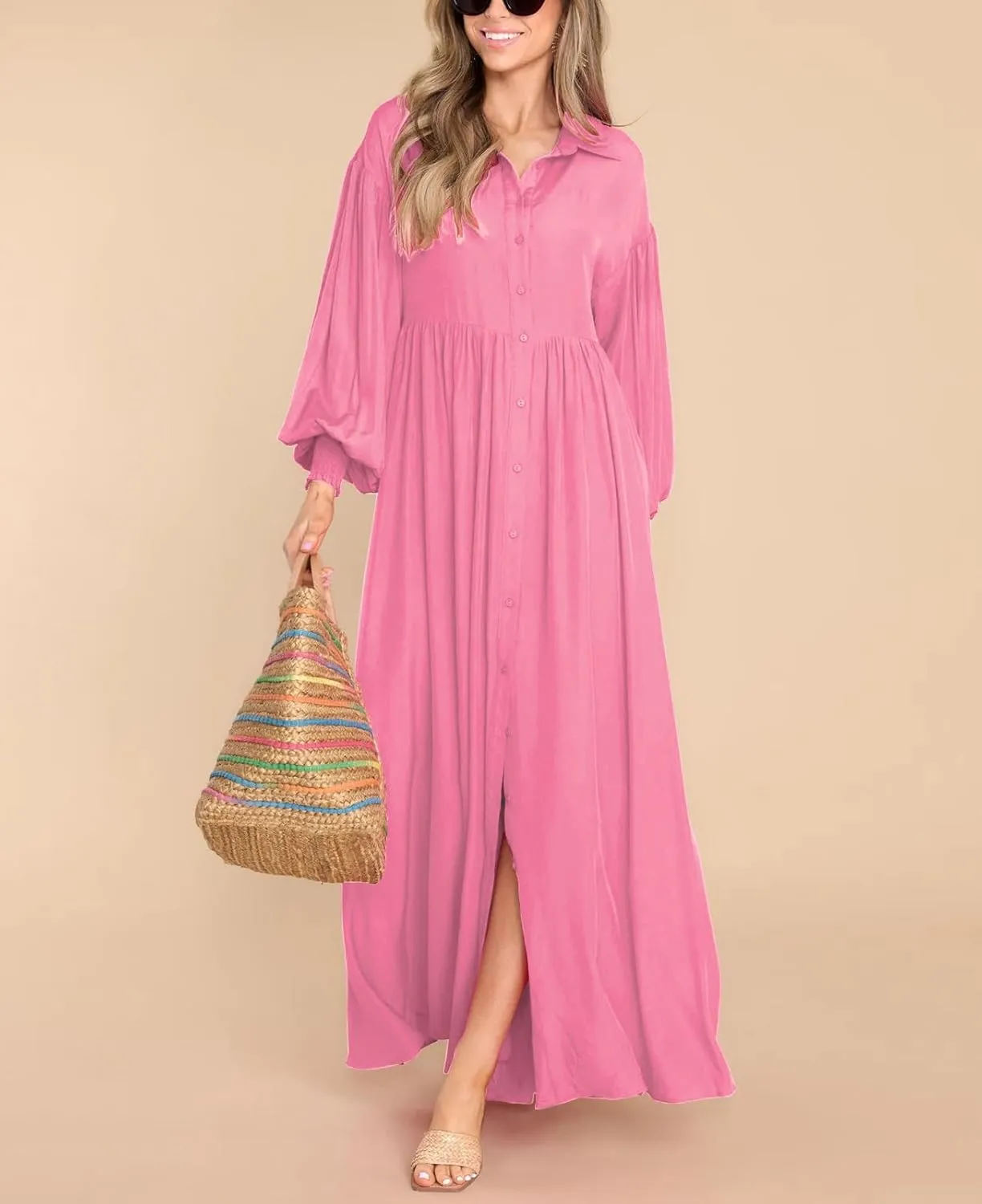 chouyatou Women's Casual Long Sleeve Button Down Shirt Dress Elegant Pleated Flowy Swing Maxi Dress