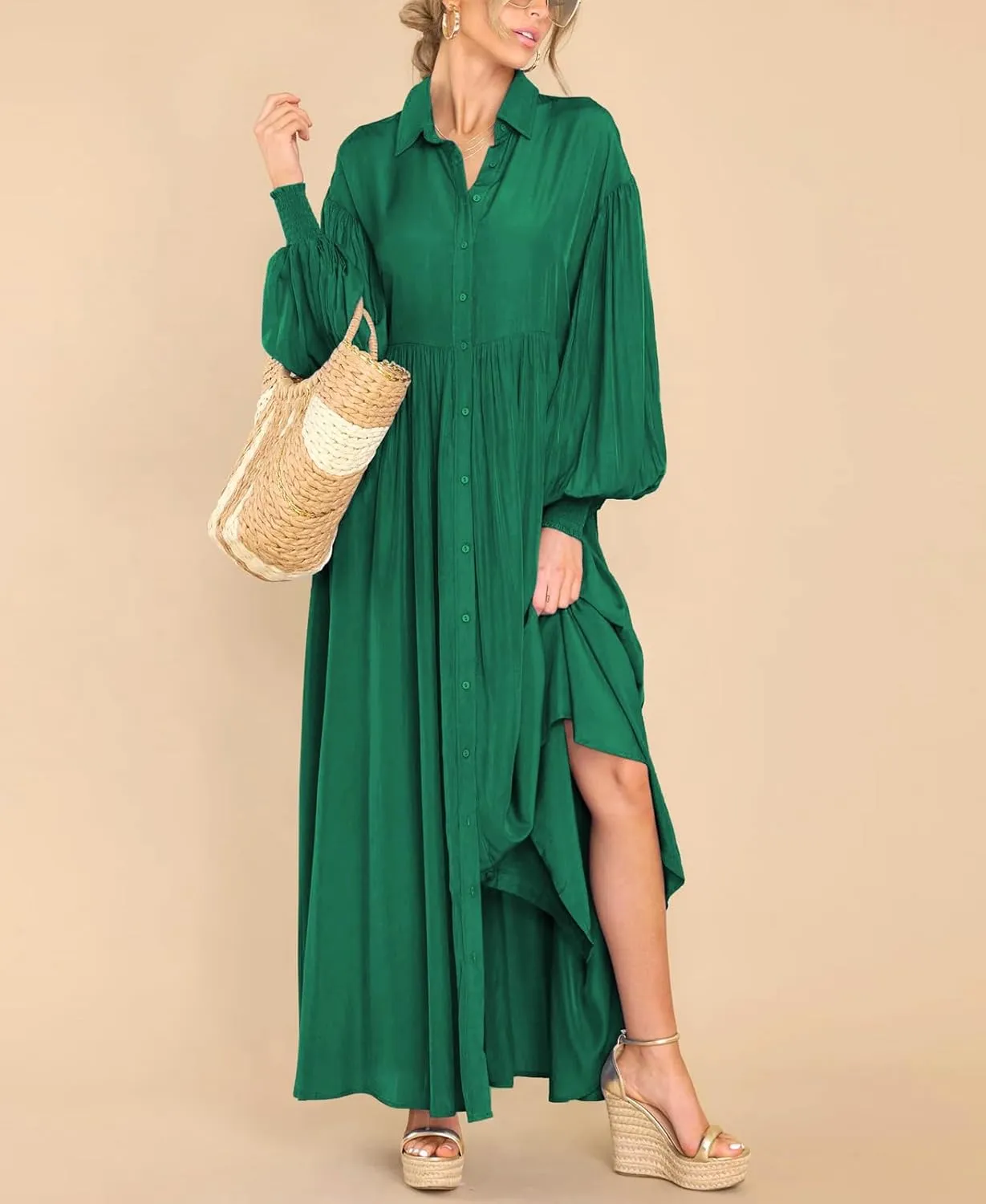 chouyatou Women's Casual Long Sleeve Button Down Shirt Dress Elegant Pleated Flowy Swing Maxi Dress