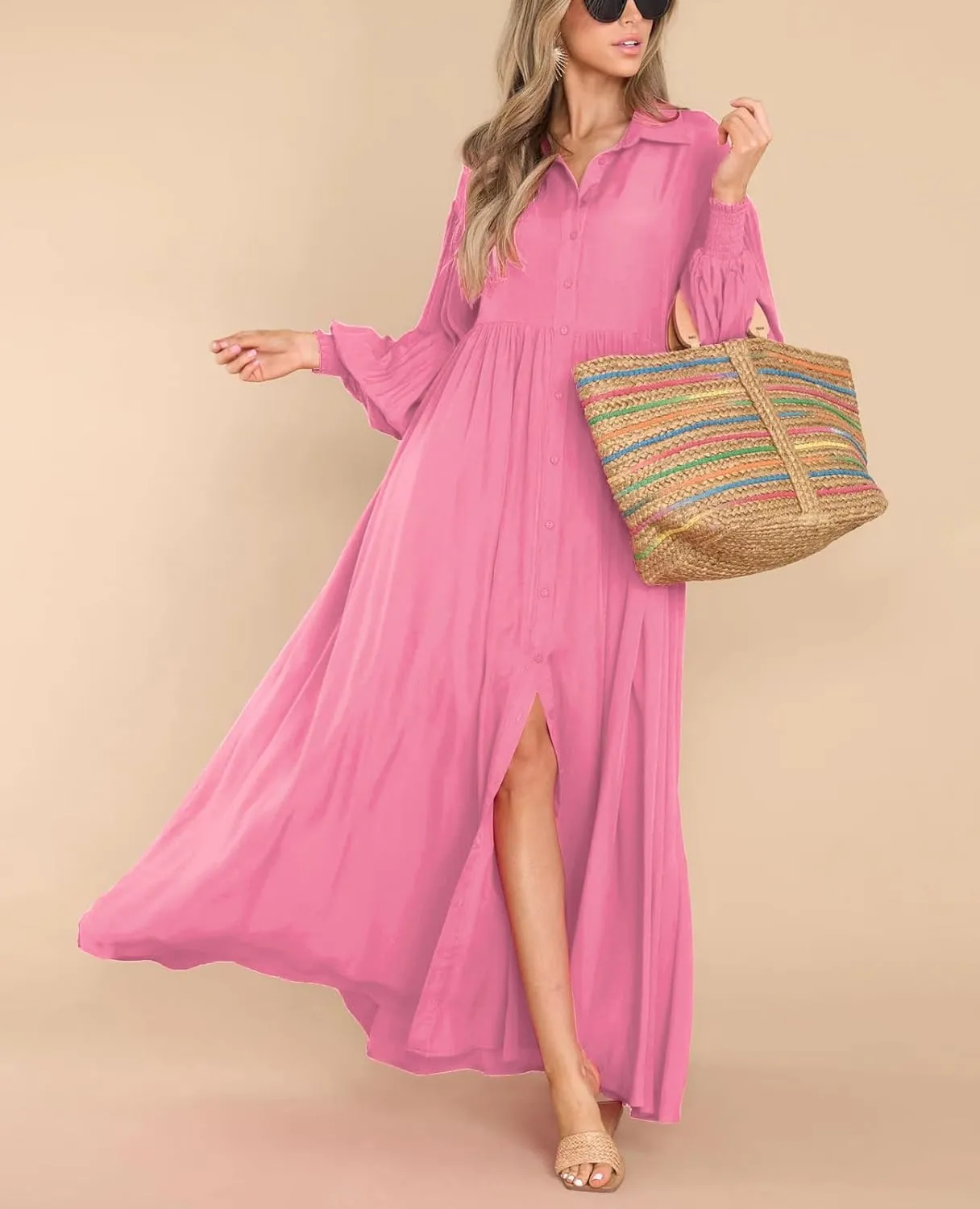 chouyatou Women's Casual Long Sleeve Button Down Shirt Dress Elegant Pleated Flowy Swing Maxi Dress