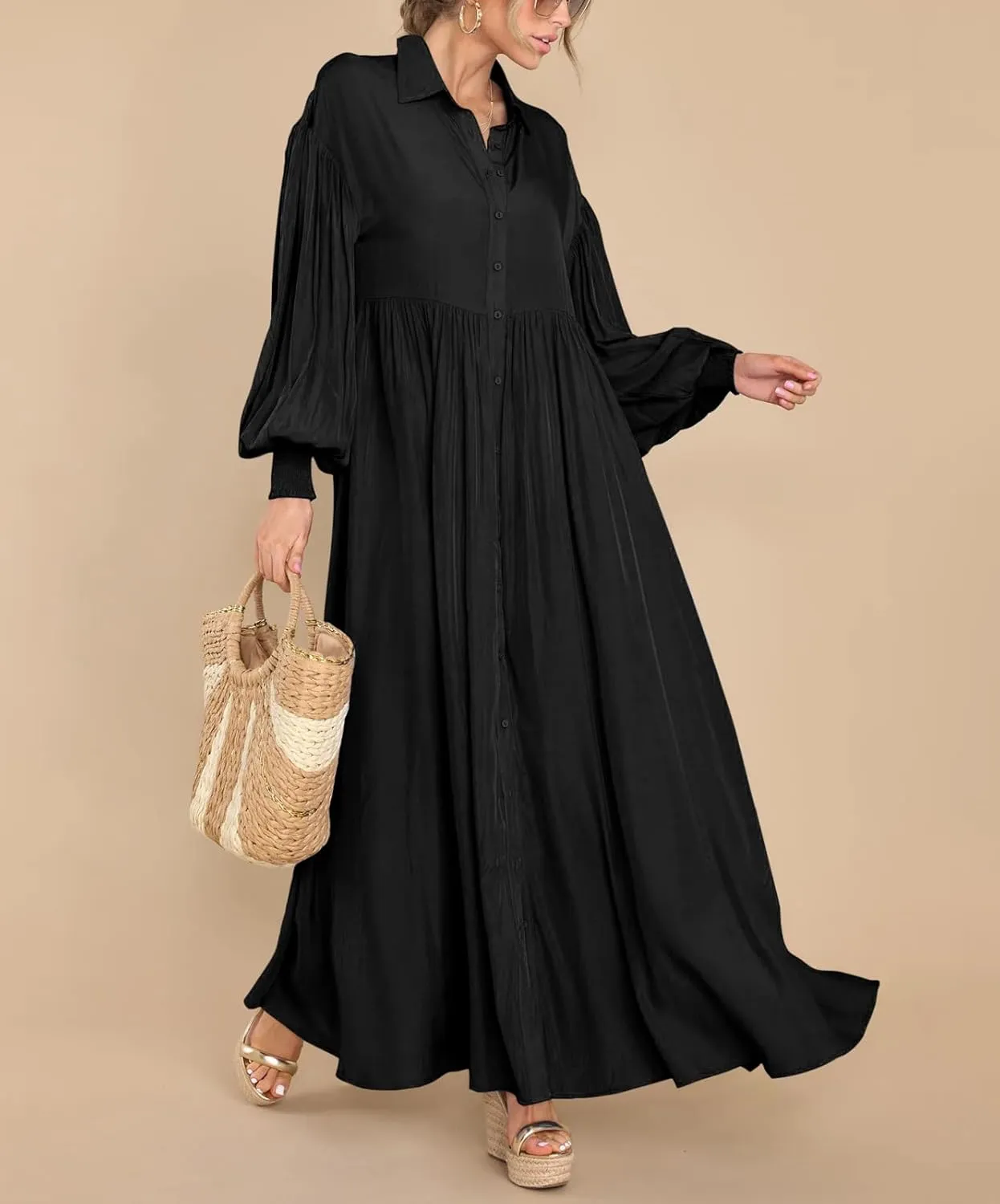 chouyatou Women's Casual Long Sleeve Button Down Shirt Dress Elegant Pleated Flowy Swing Maxi Dress