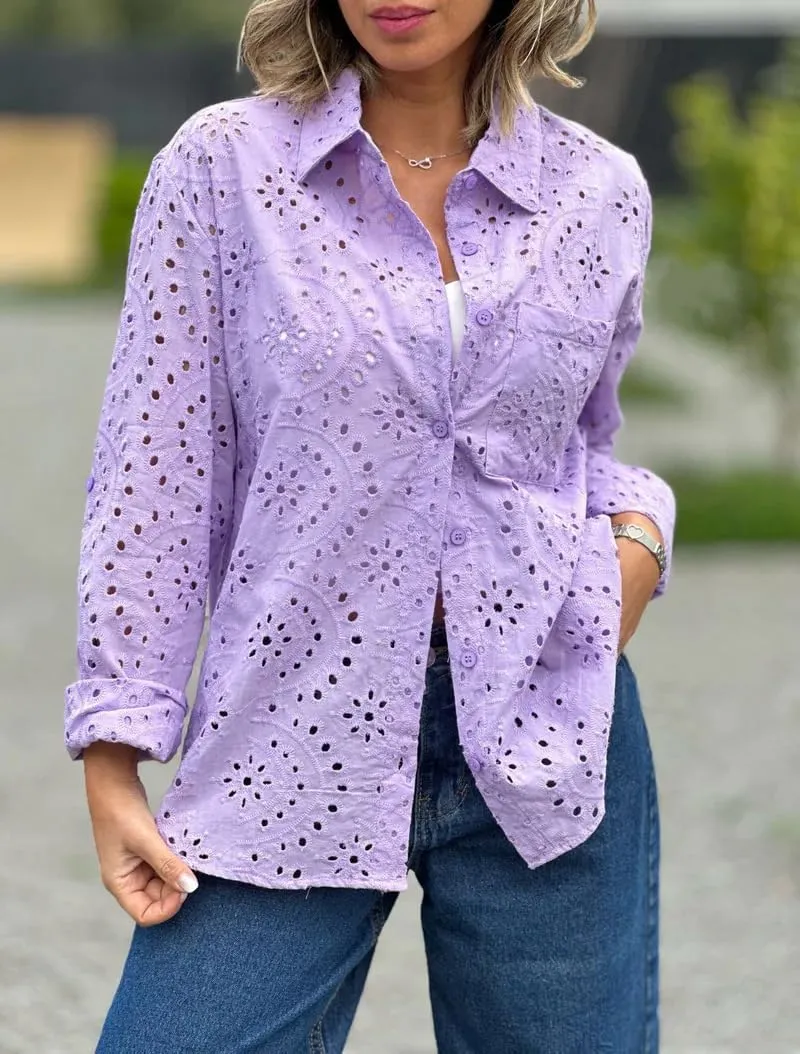 chouyatou Women's Crochet Eyelet Button Down Rolled Up Long Sleeve Boho Shirt Blouse Tops