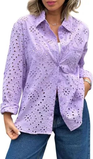 chouyatou Women's Crochet Eyelet Button Down Rolled Up Long Sleeve Boho Shirt Blouse Tops