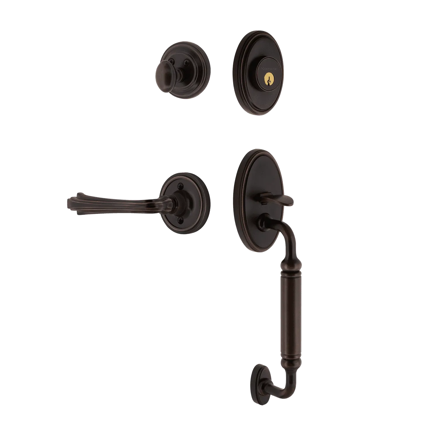 Classic Handleset with C-Grip and Classic Rosette with Fleur Lever in Timeless Bronze