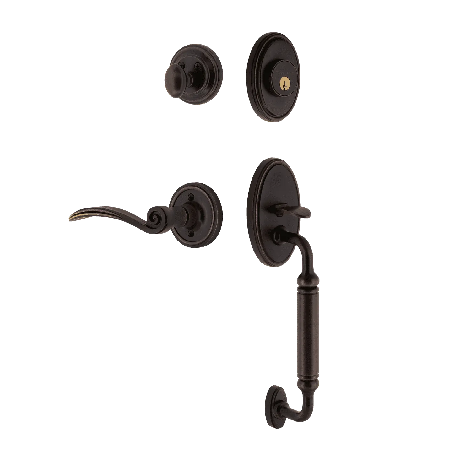 Classic Handleset with C-Grip and Classic Rosette with Swan Lever in Timeless Bronze
