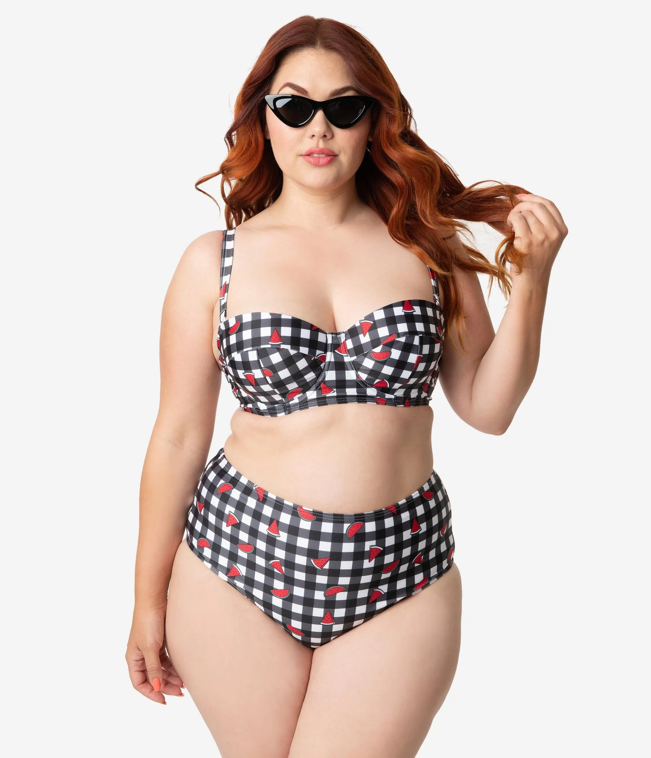 Collectif x Playful Promises Black & White Gingham Watermelon Print Balcony Swim Top