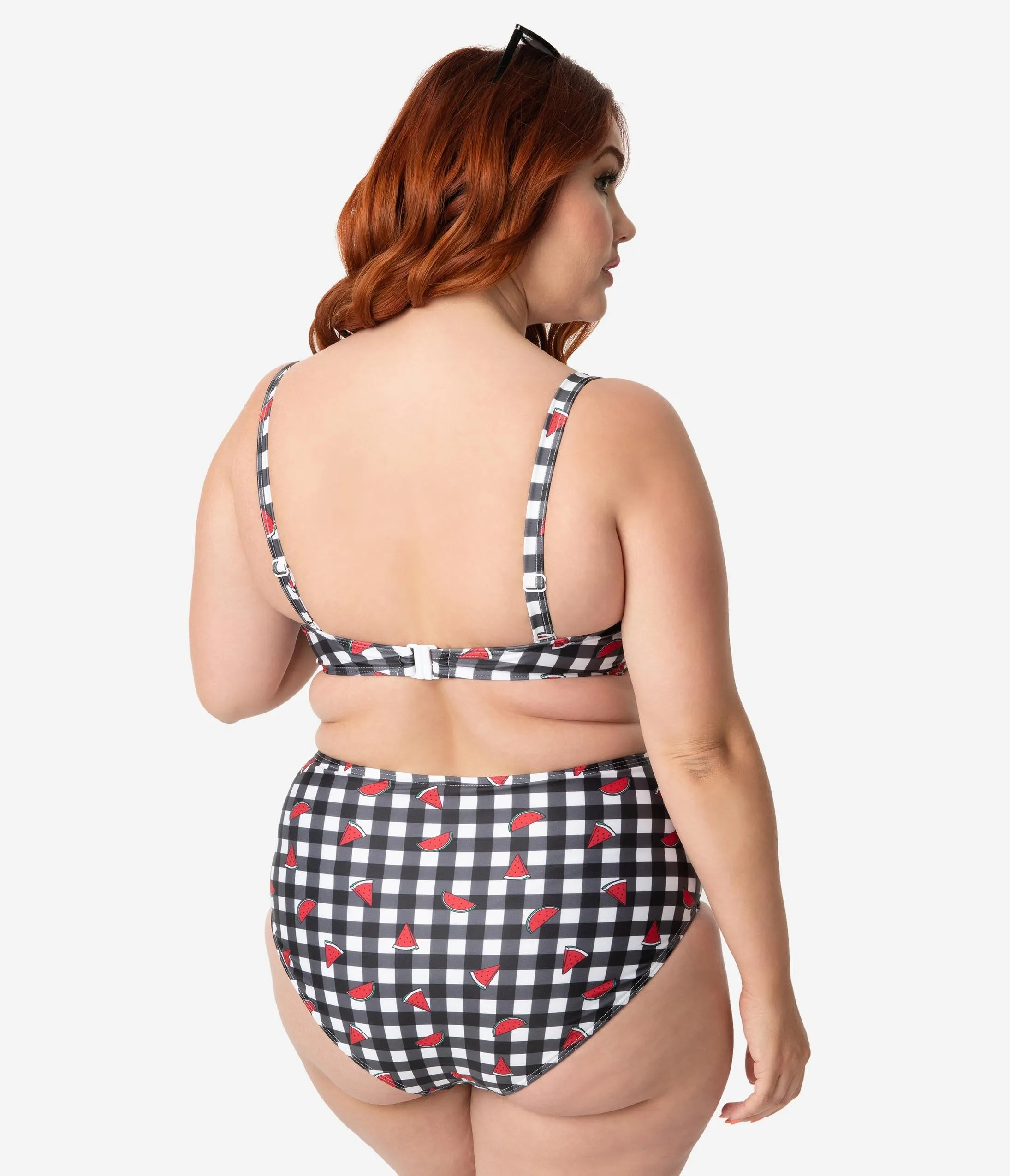 Collectif x Playful Promises Black & White Gingham Watermelon Print Balcony Swim Top