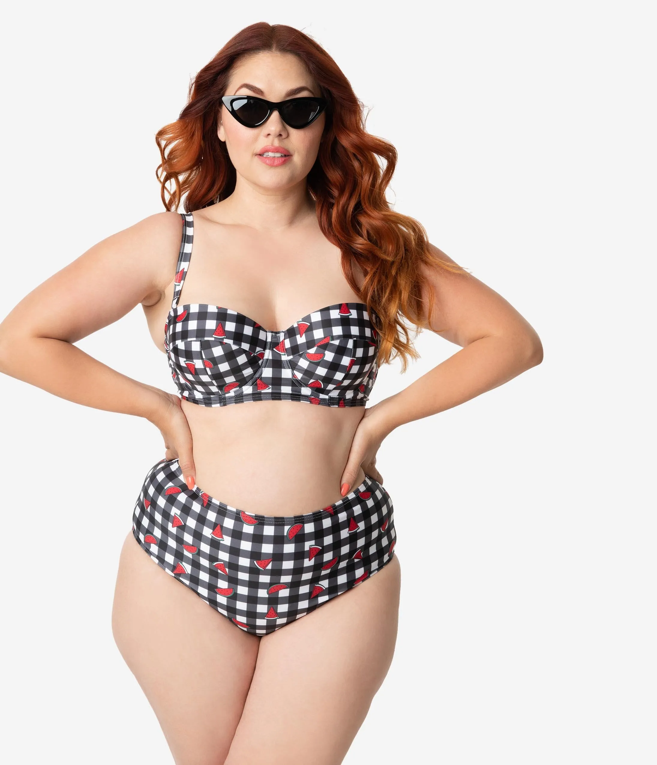 Collectif x Playful Promises Black & White Gingham Watermelon Print Balcony Swim Top