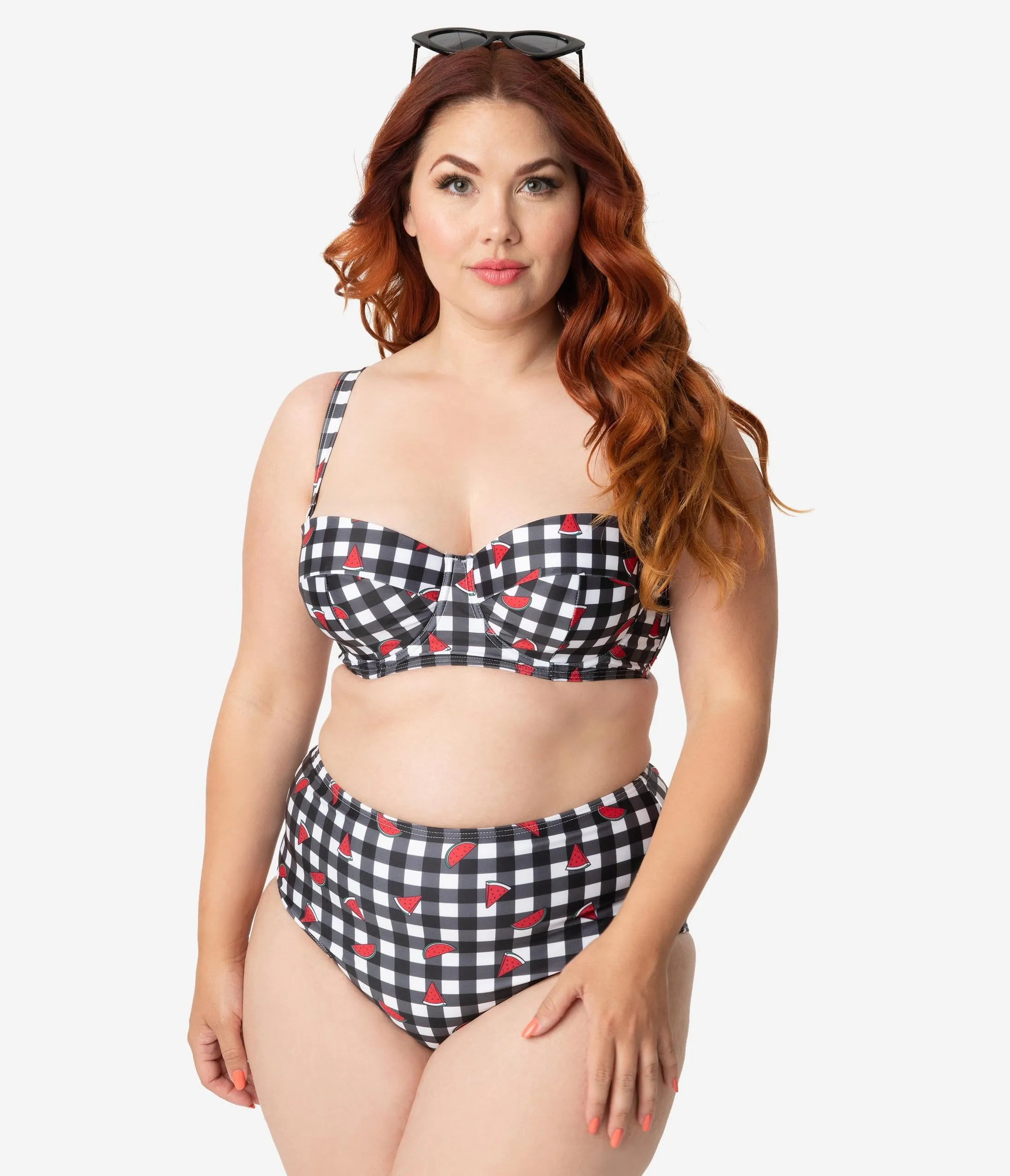 Collectif x Playful Promises Black & White Gingham Watermelon Print Balcony Swim Top