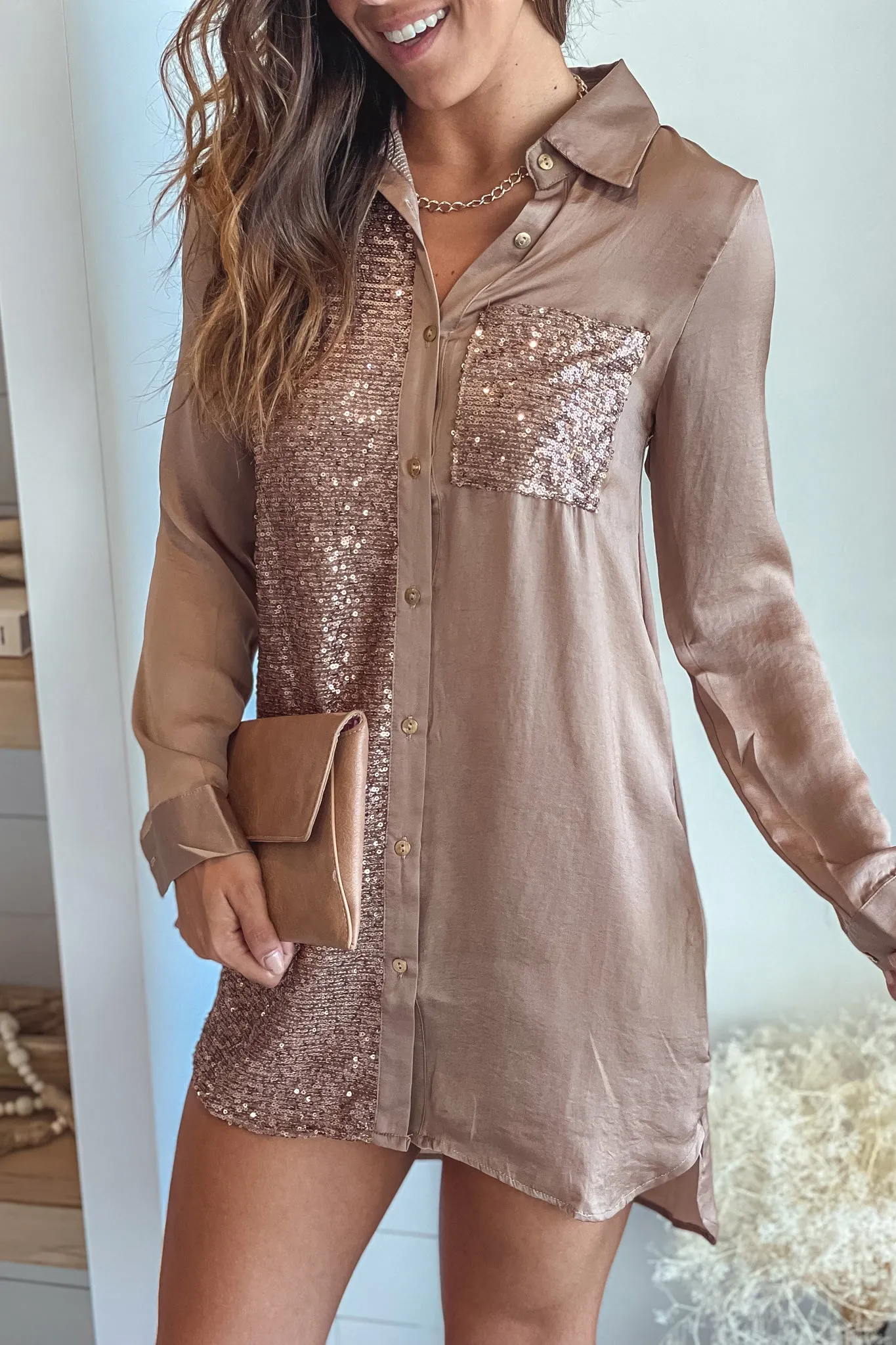 Espresso Shirt Dress With Sequin Details
