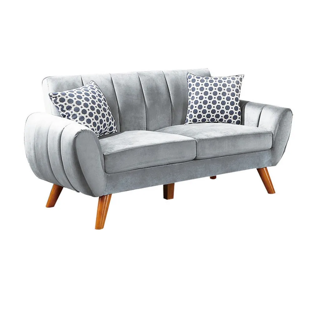 Eula 2 Piece Sofa and Loveseat Set with 4 Throw Pillows, Light Gray Velvet By Casagear Home
