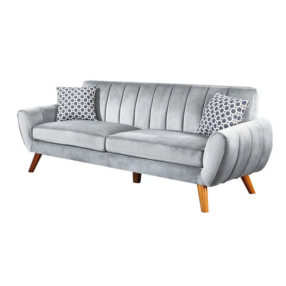 Eula 2 Piece Sofa and Loveseat Set with 4 Throw Pillows, Light Gray Velvet By Casagear Home