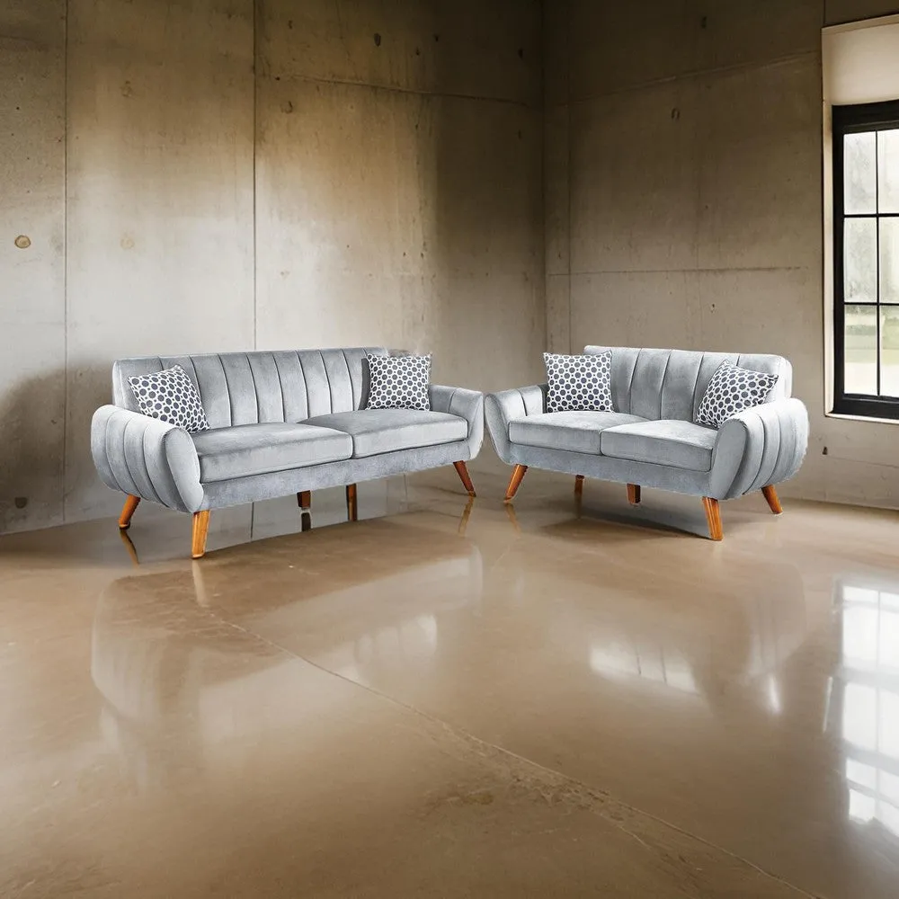 Eula 2 Piece Sofa and Loveseat Set with 4 Throw Pillows, Light Gray Velvet By Casagear Home