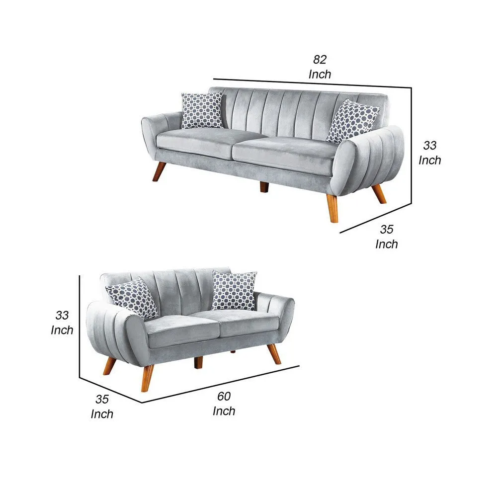 Eula 2 Piece Sofa and Loveseat Set with 4 Throw Pillows, Light Gray Velvet By Casagear Home