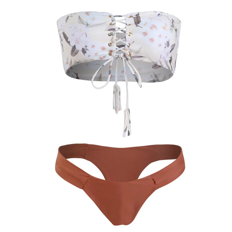 Floral Lace-up Bandeau Bikini Set