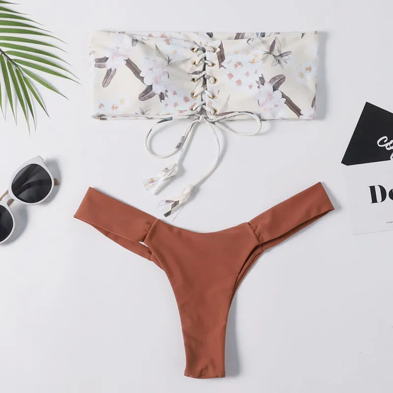 Floral Lace-up Bandeau Bikini Set