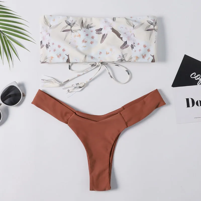 Floral Lace-up Bandeau Bikini Set