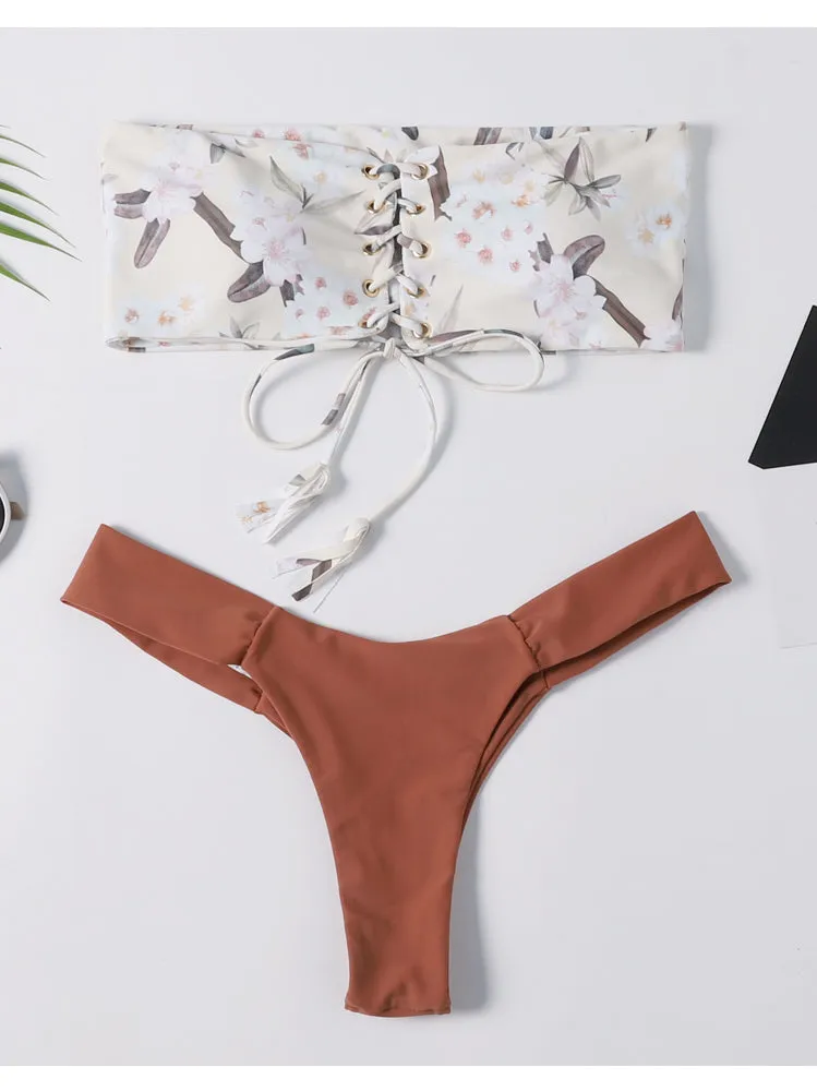 Floral Lace-up Bandeau Bikini Set