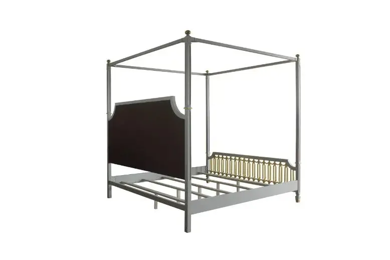 Florence California King Bed, Beige Faux Leather, Gold & Pearl Gray Finish