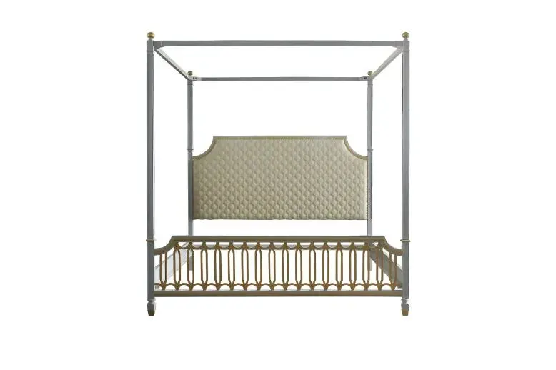 Florence California King Bed, Beige Faux Leather, Gold & Pearl Gray Finish