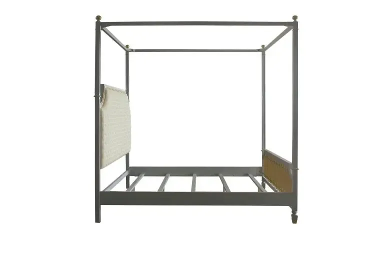 Florence California King Bed, Beige Faux Leather, Gold & Pearl Gray Finish