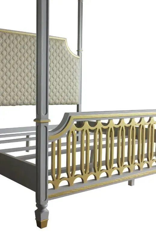 Florence California King Bed, Beige Faux Leather, Gold & Pearl Gray Finish