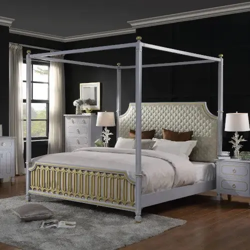 Florence California King Bed, Beige Faux Leather, Gold & Pearl Gray Finish