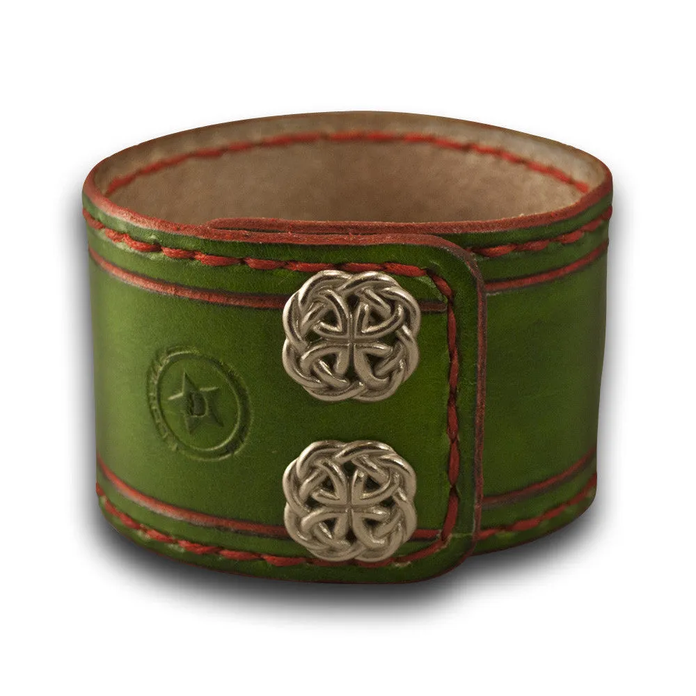 Green & Red Leather Cuff Watch Band w Stitching & Celtic Snaps