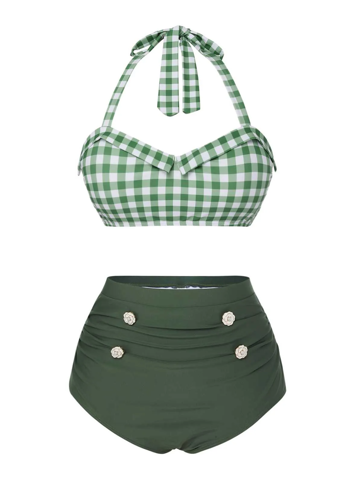 Green Gray 1940s Halter Plaids Swimsuit