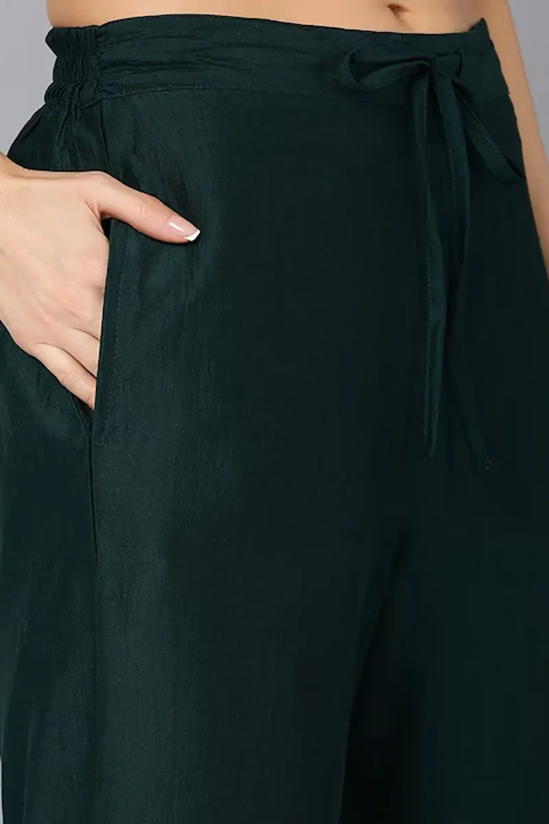 Green Silk Blend Solid Straight Suit Set