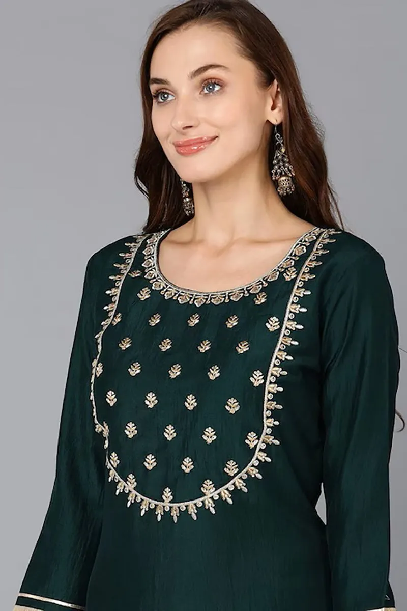 Green Silk Blend Solid Straight Suit Set