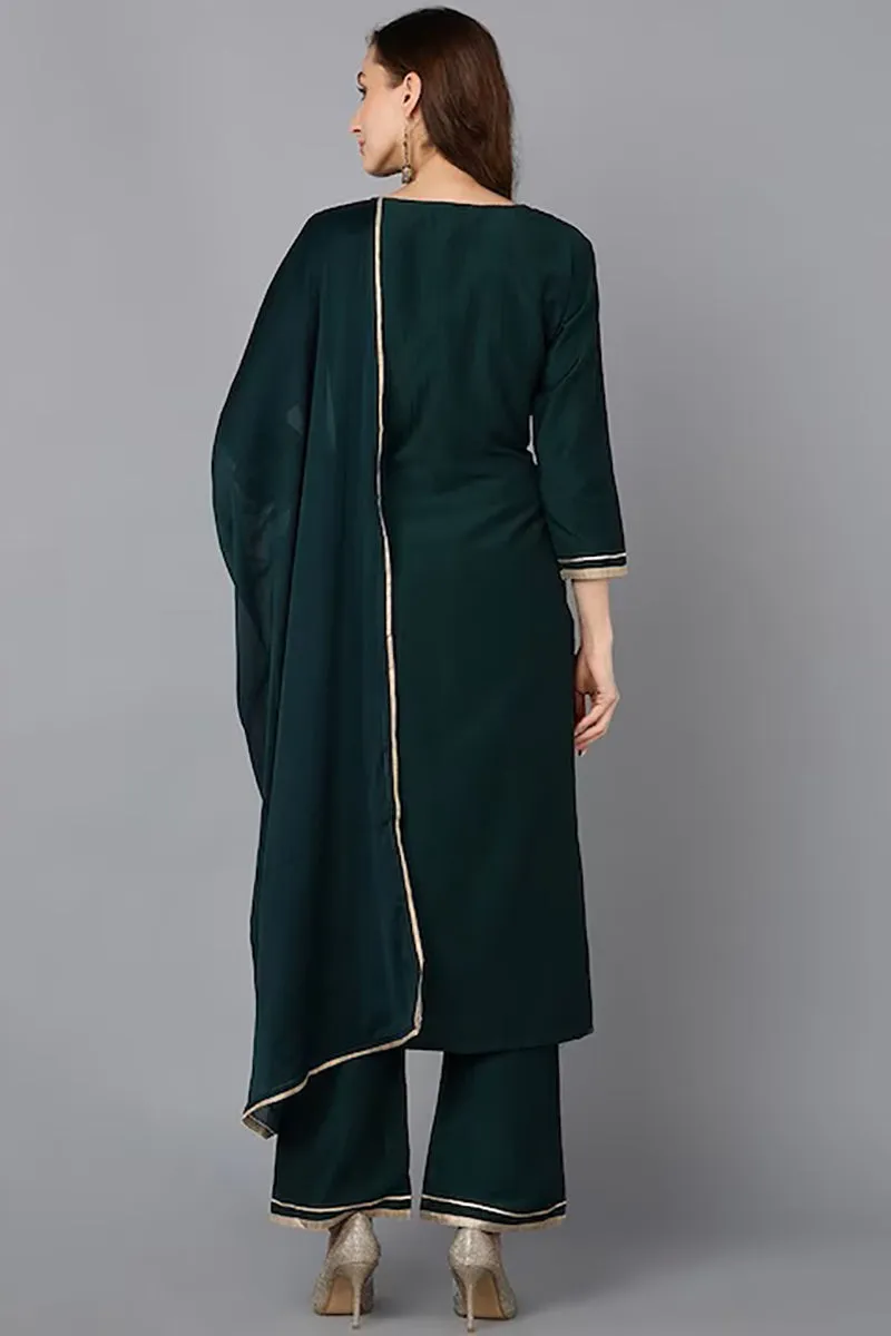 Green Silk Blend Solid Straight Suit Set