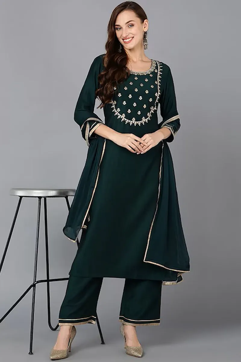 Green Silk Blend Solid Straight Suit Set