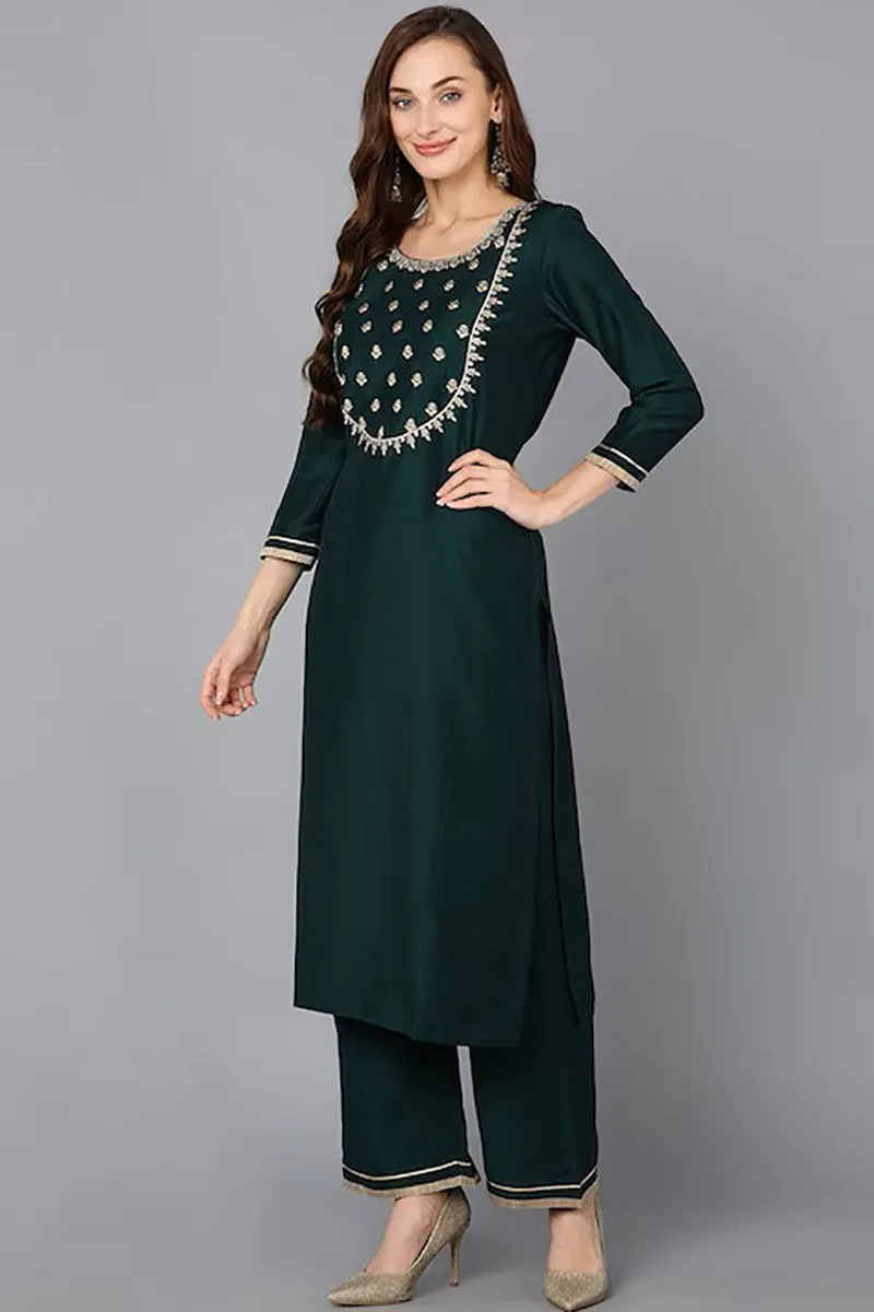 Green Silk Blend Solid Straight Suit Set