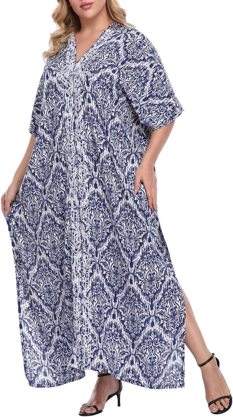 HDE Women UPF 30  Kaftan Dress Oversize V Neck Long Plus Size Maxi Swim Cover Up