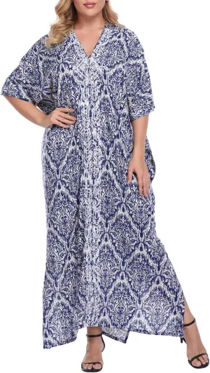 HDE Women UPF 30  Kaftan Dress Oversize V Neck Long Plus Size Maxi Swim Cover Up