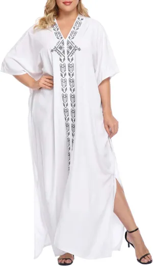 HDE Women UPF 30  Kaftan Dress Oversize V Neck Long Plus Size Maxi Swim Cover Up