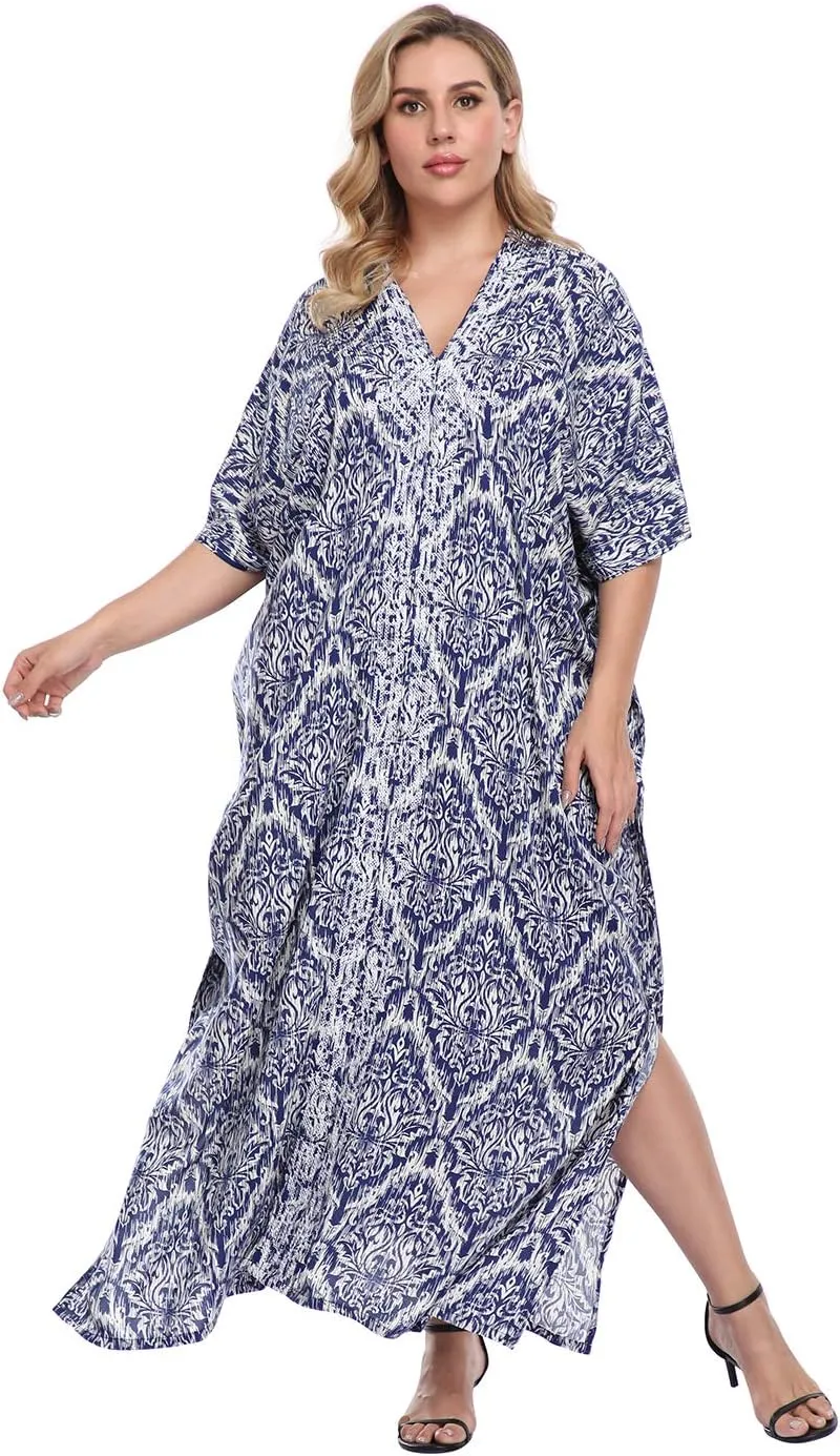 HDE Women UPF 30  Kaftan Dress Oversize V Neck Long Plus Size Maxi Swim Cover Up