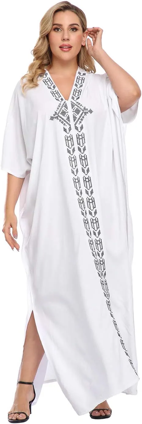 HDE Women UPF 30  Kaftan Dress Oversize V Neck Long Plus Size Maxi Swim Cover Up