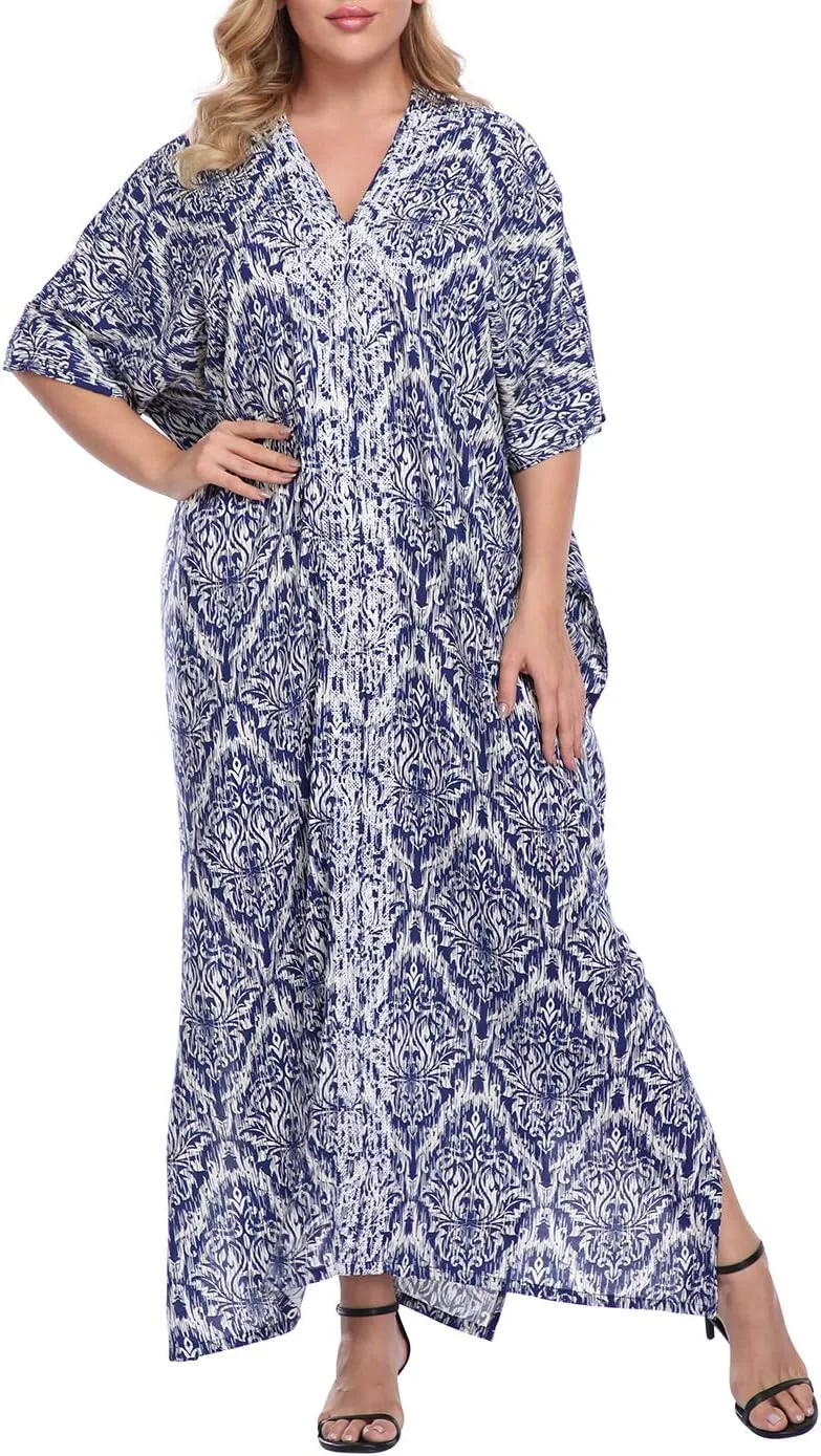 HDE Women UPF 30  Kaftan Dress Oversize V Neck Long Plus Size Maxi Swim Cover Up