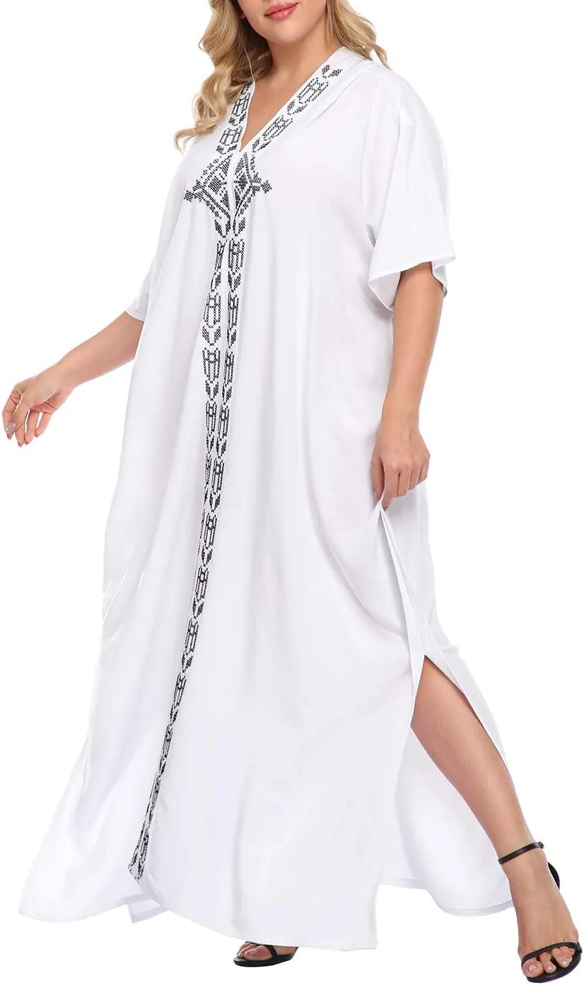 HDE Women UPF 30  Kaftan Dress Oversize V Neck Long Plus Size Maxi Swim Cover Up