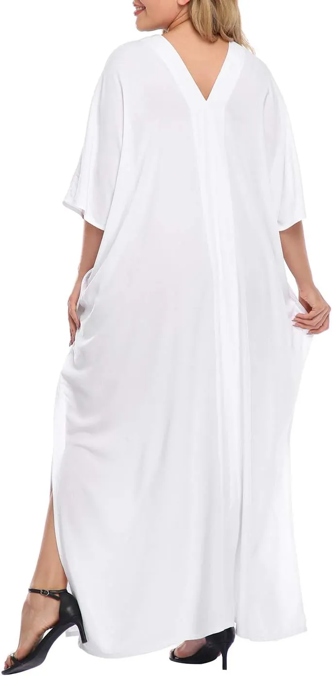 HDE Women UPF 30  Kaftan Dress Oversize V Neck Long Plus Size Maxi Swim Cover Up