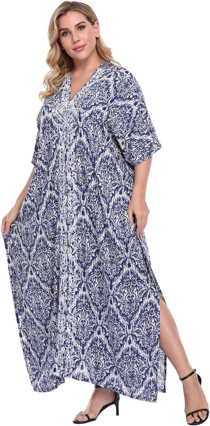 HDE Women UPF 30  Kaftan Dress Oversize V Neck Long Plus Size Maxi Swim Cover Up