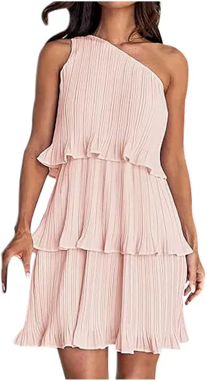HGps8w One Shoulder Dresses for Women Summer Sleeveless Ruffle Tiered Layered Chiffon Flowy A Line Mini Dress for Party