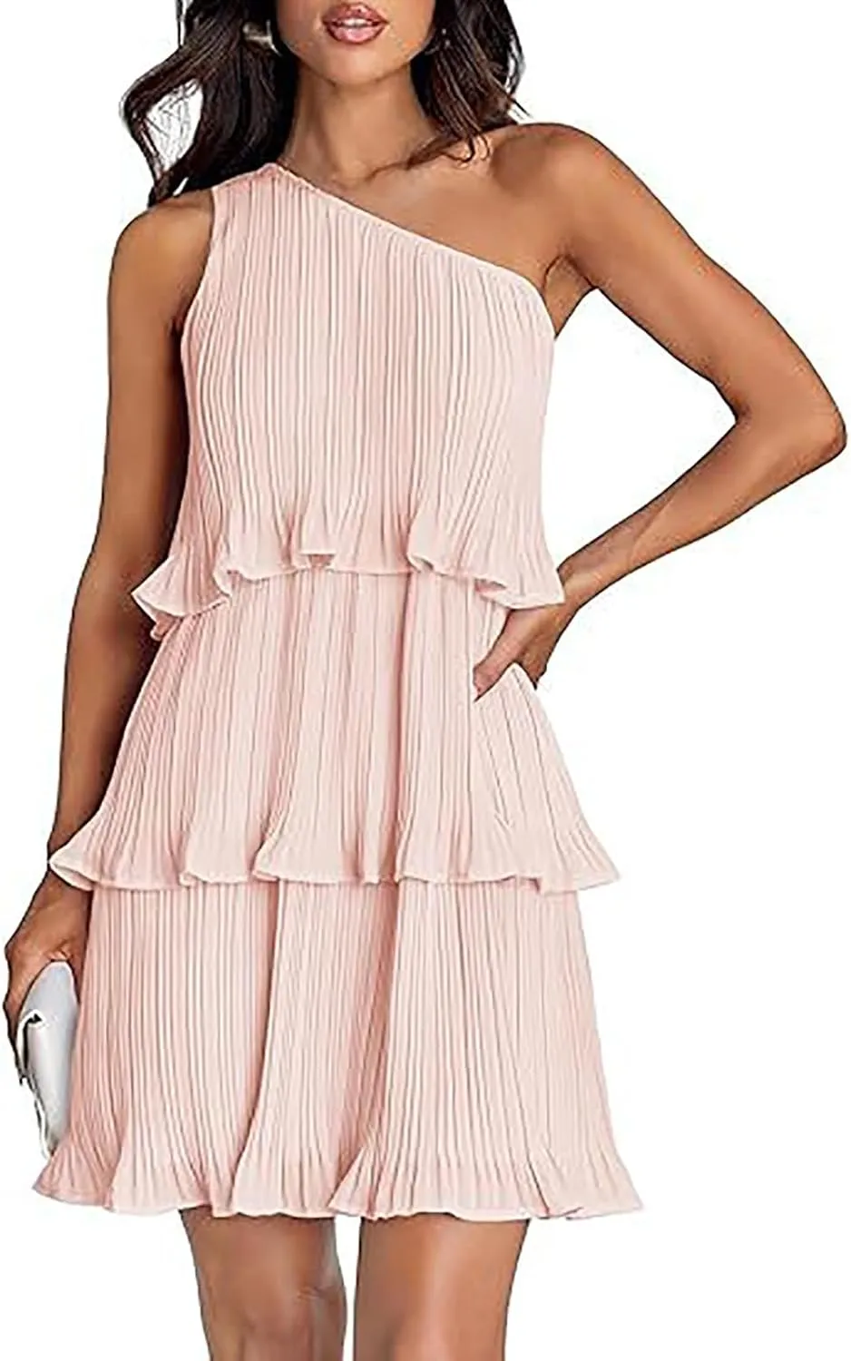 HGps8w One Shoulder Dresses for Women Summer Sleeveless Ruffle Tiered Layered Chiffon Flowy A Line Mini Dress for Party