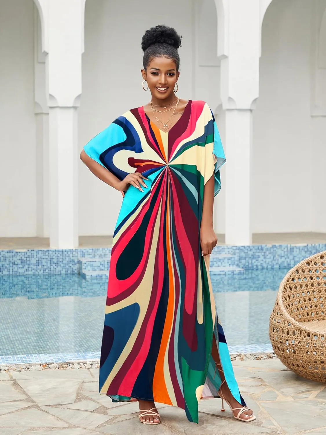 Irregularly Print Women's Kaftan Dresses V-Neck Beach Swimwear Cover Up Caftans Boho Rainbow Stripe Caftan