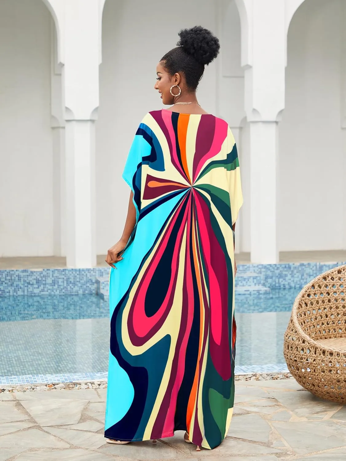 Irregularly Print Women's Kaftan Dresses V-Neck Beach Swimwear Cover Up Caftans Boho Rainbow Stripe Caftan